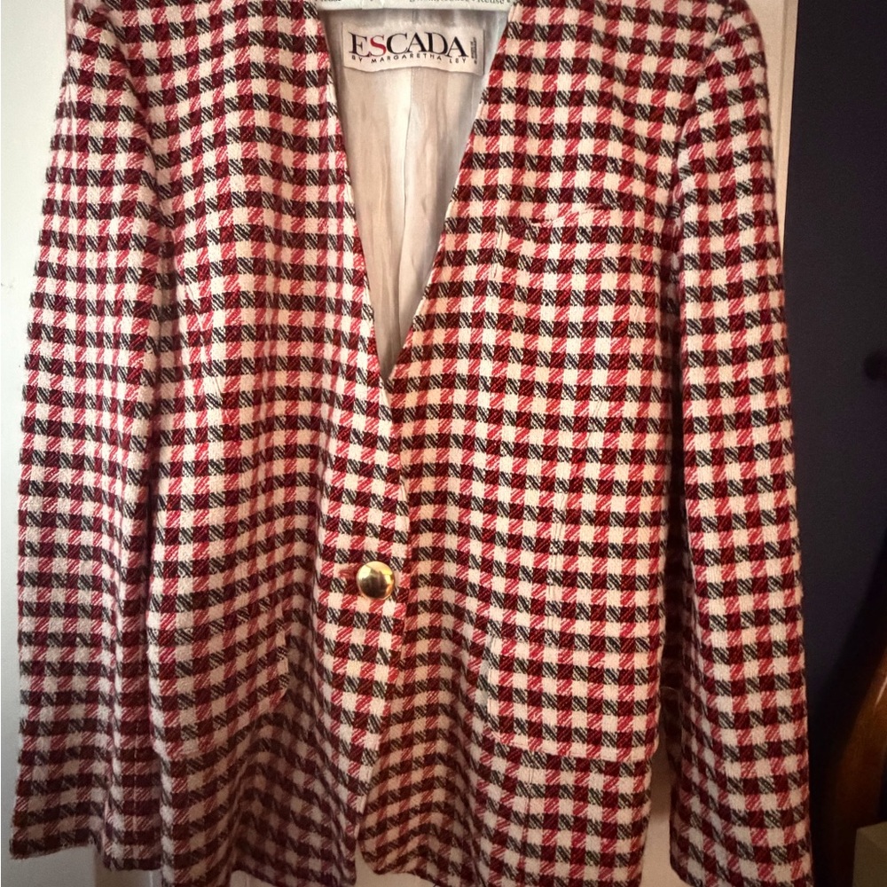 Escada Ivory Satin-Look Lined Jacket with Black & Red Logo Detail